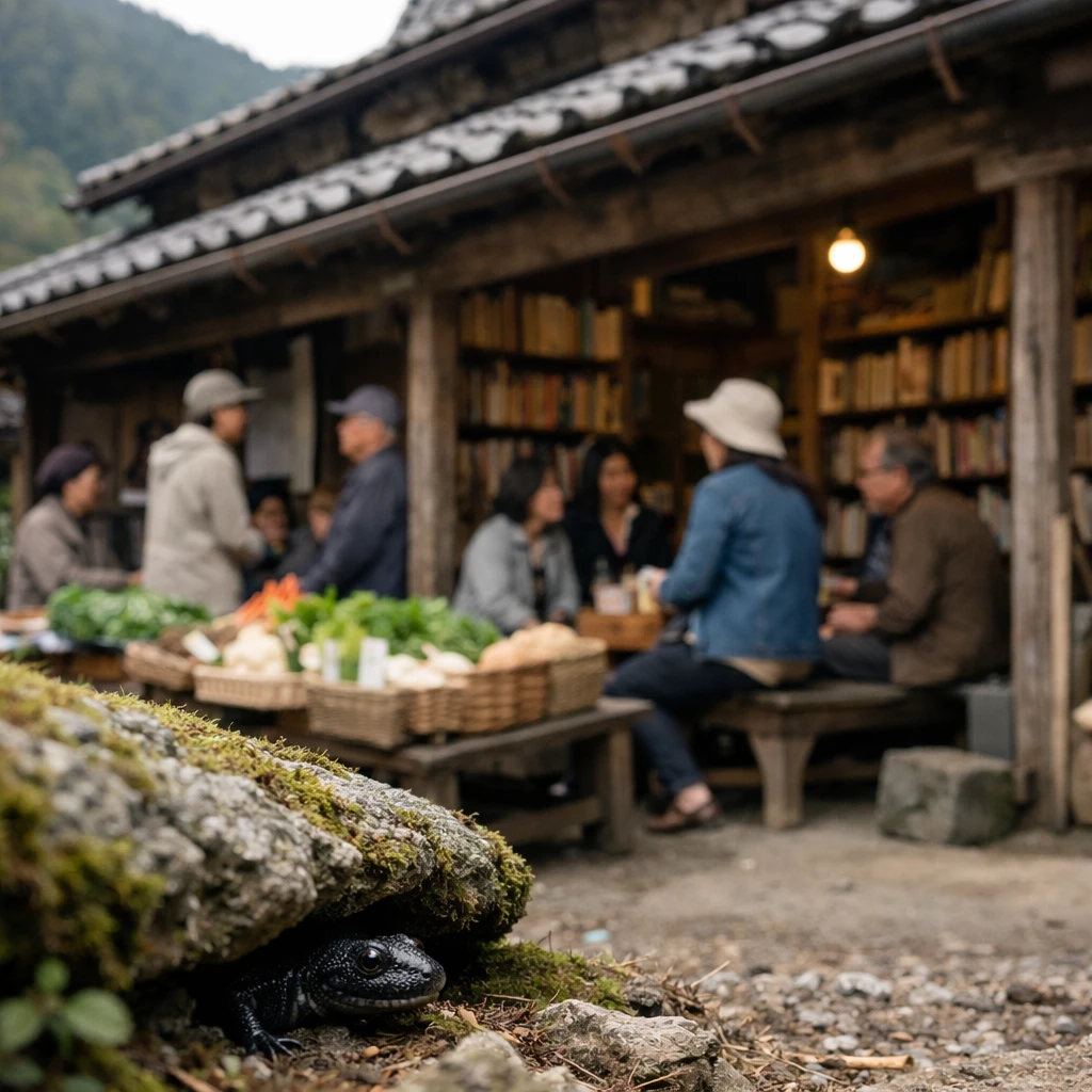 山間の古民家の前で人々が本や野菜を囲んで賑わい、その手前で苔むした石の下からサンショウウオがのぞいている様子の写真。