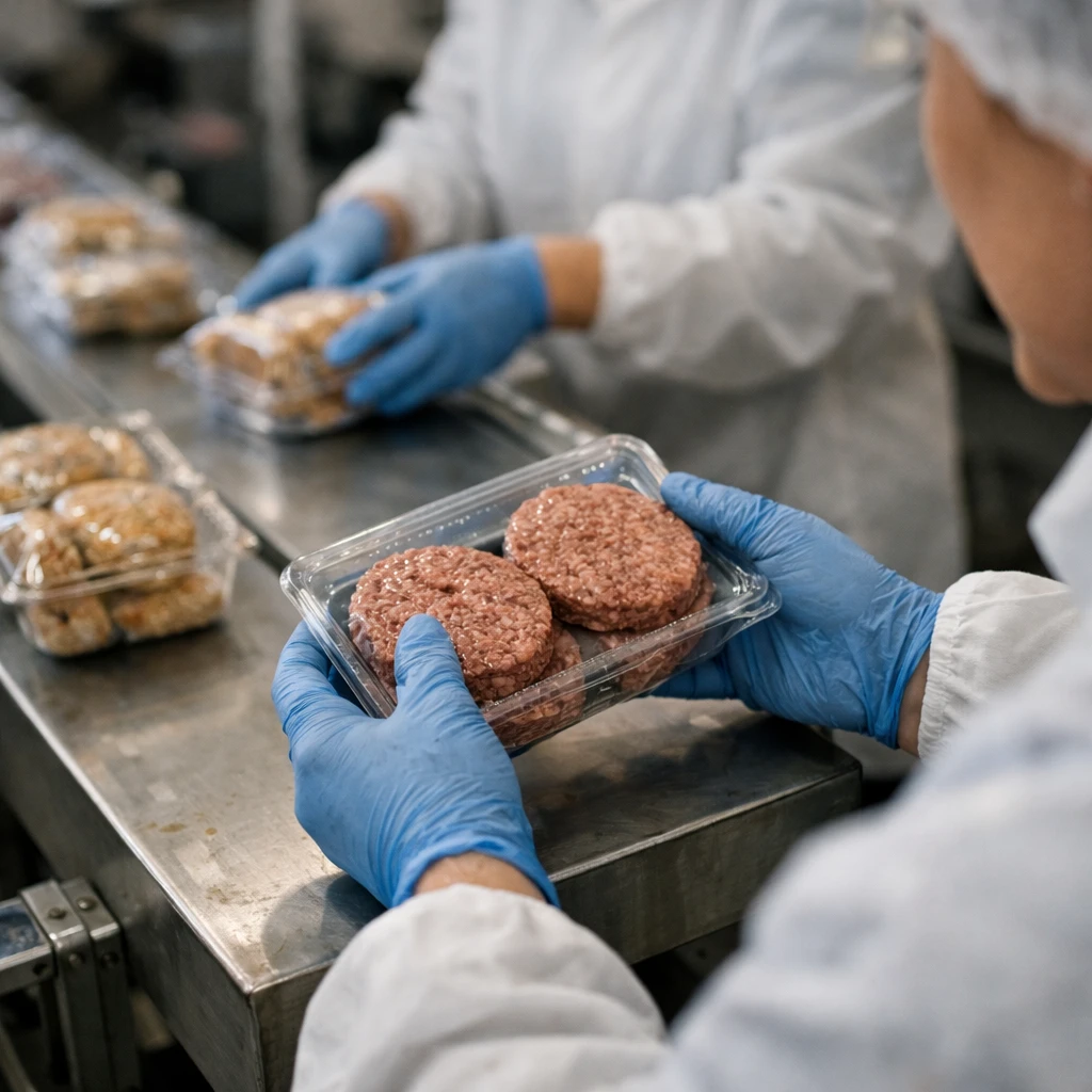 食品工場のラインで大豆由来のフェイクミートやグルテンフリーパンのパッケージを検品している作業員の手元の様子。