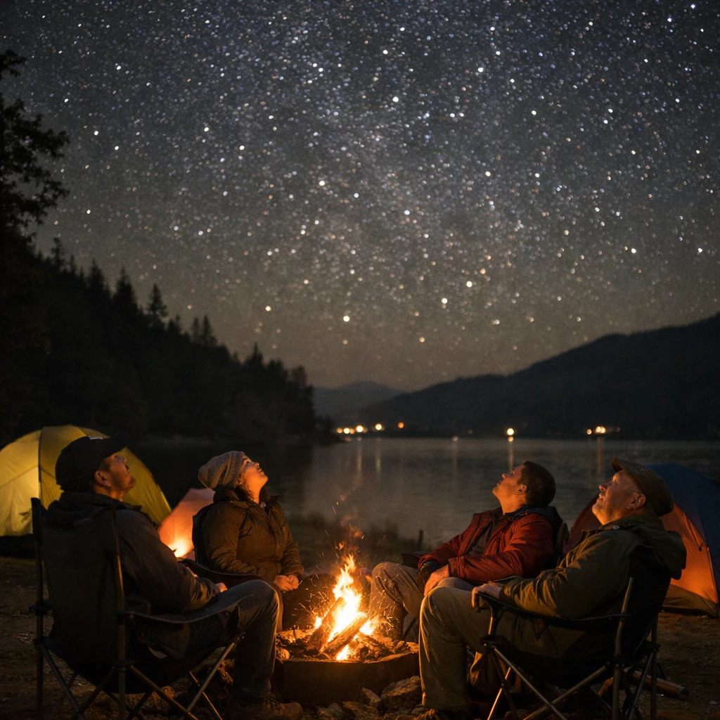 湖畔にカラフルなテントが並び、焚き火を囲んだ人々が星空を見上げている夜のキャンプ風景の写真。