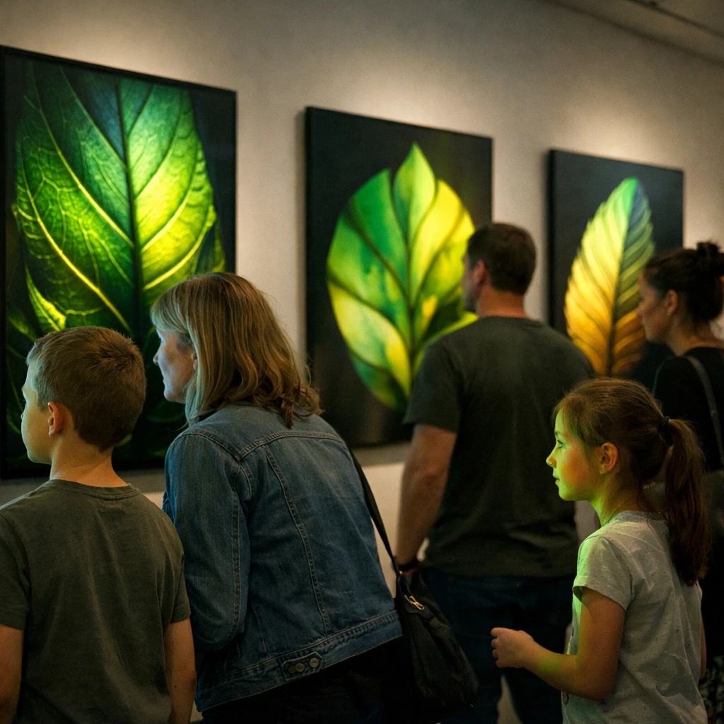 植物の葉をモチーフにしたデジタルアート作品が展示された現代的な美術館で、来館者が作品を鑑賞しながら色の変化を楽しんでいる様子の実写写真。