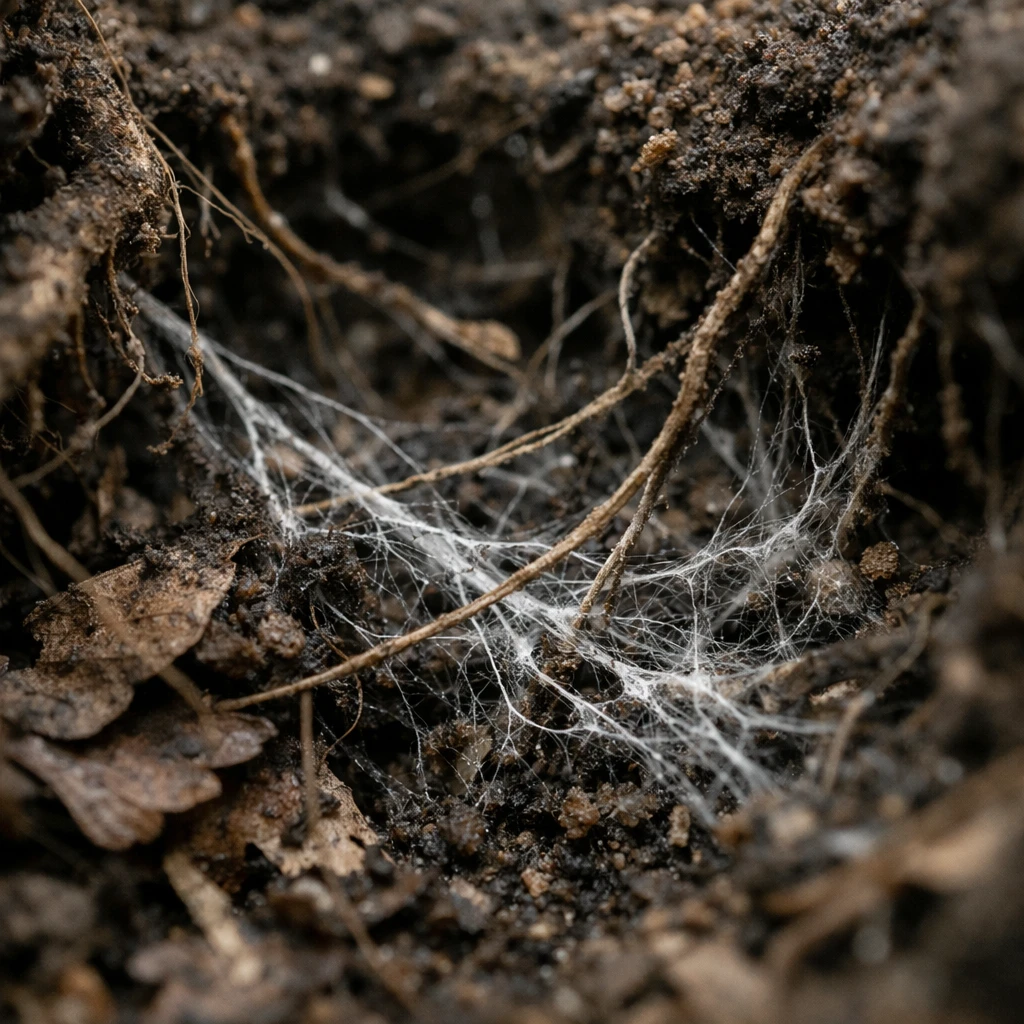 森林の土の下で植物の根と分解しかけた落ち葉の間を複雑に絡み合う菌糸が見える接写写真。
