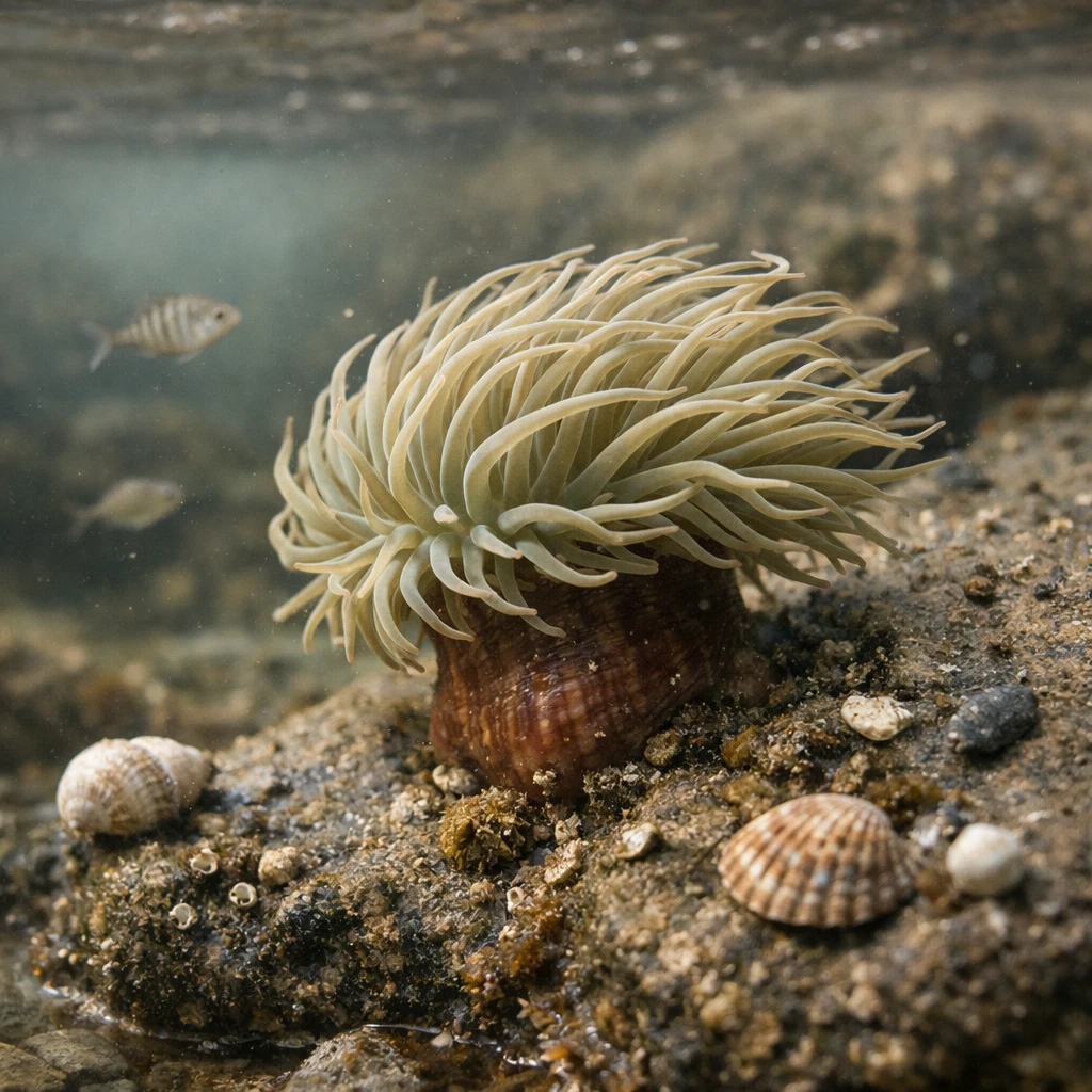 潮溜まりの岩に付着しながら水流に揺れるイソギンチャクの写真。