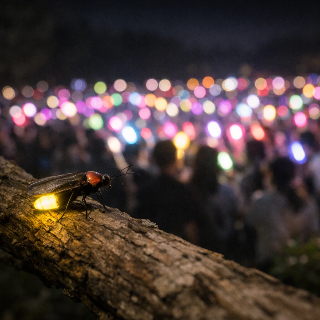 夜の森で枝にとまる発光するホタルと、遠くにカラフルなペンライトを振る人々の光景。
