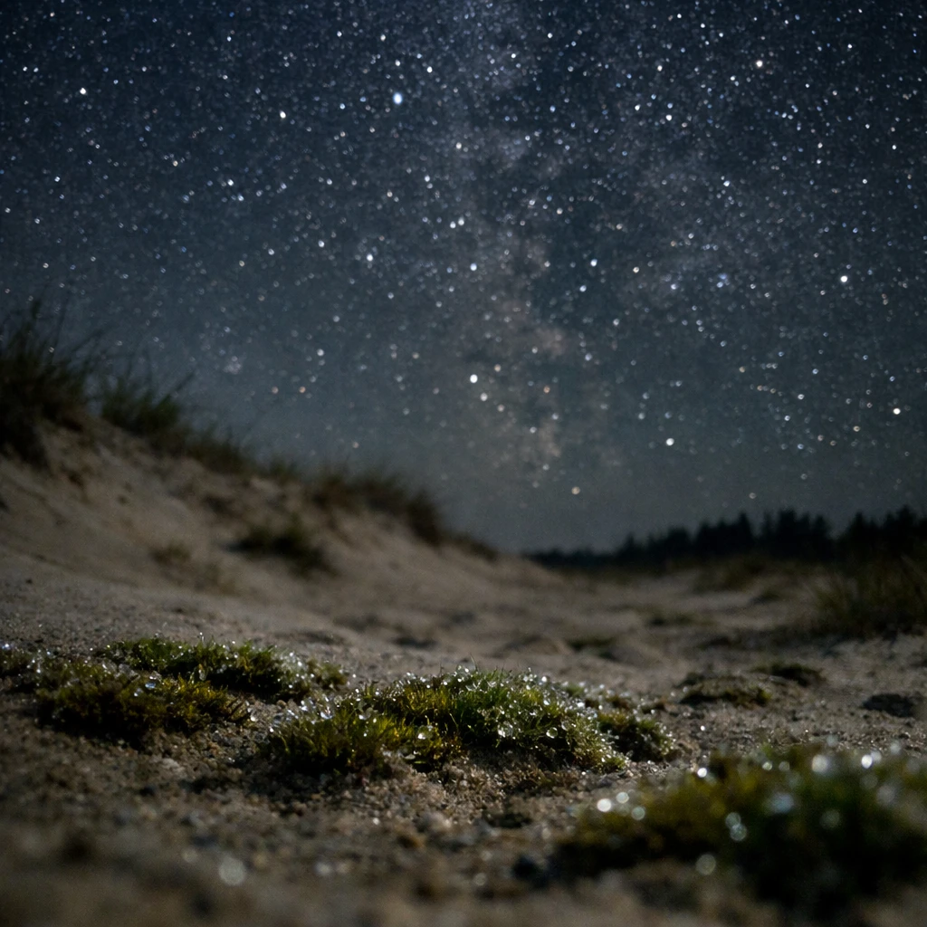夜の砂丘の地表近くから湿ったコケと星空を見上げる視点の写真。