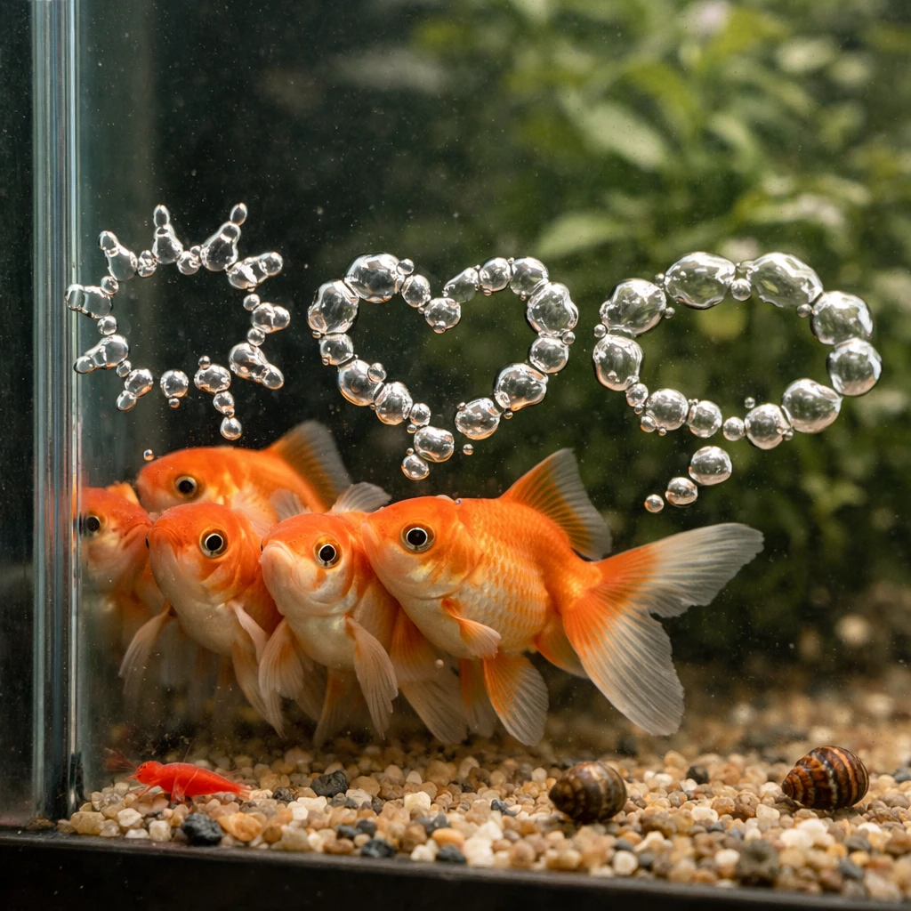 水槽の縁で金魚たちが泡でマンガ風の形を作り、周囲でタニシやエビが見守っている様子の写真です。