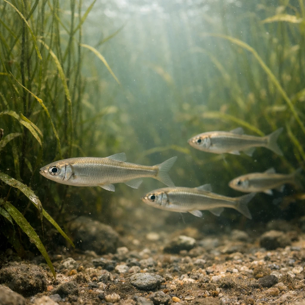 湖底で水草の間を泳ぐ数匹のワカサギと、差し込む自然光に揺れる水中植物の様子が捉えられた写真。