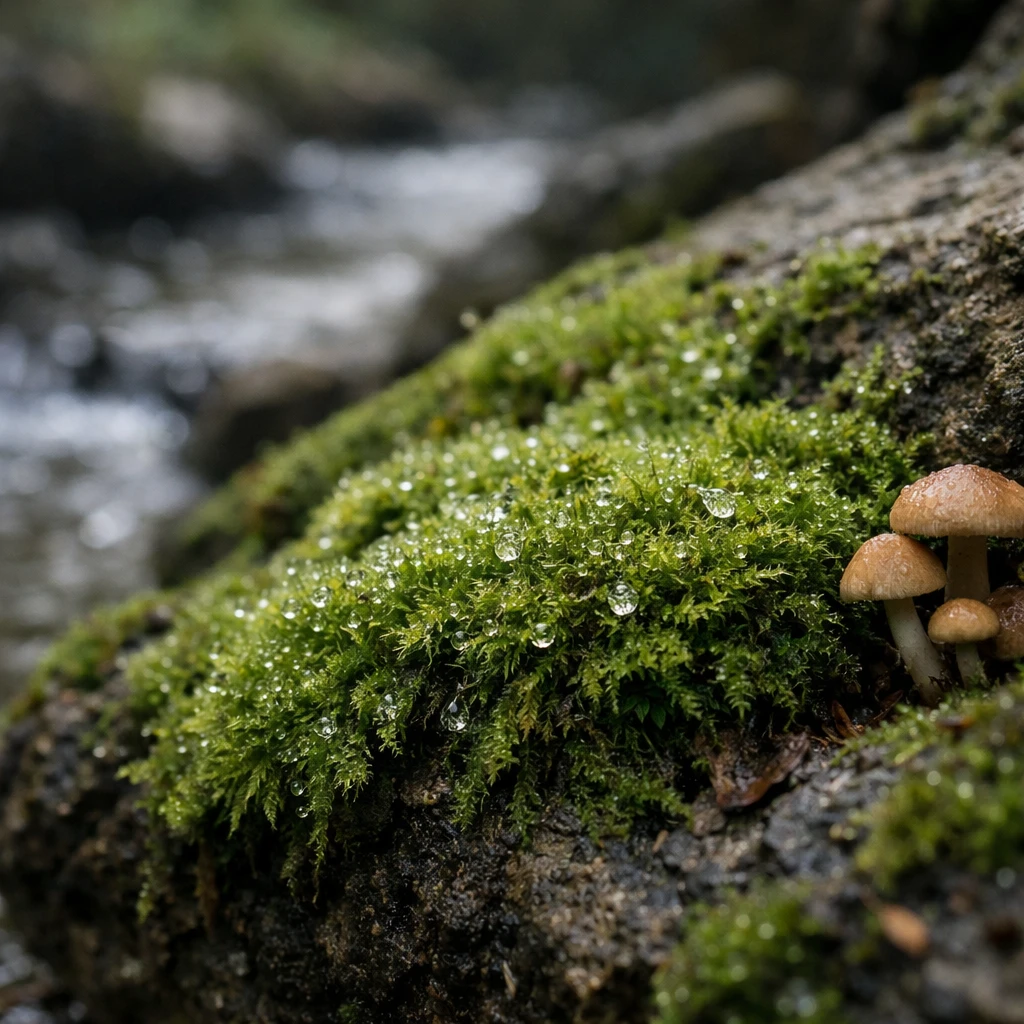 渓流沿いの岩陰で生き生きと広がる苔と小さなキノコを朝の自然光で写した写真。