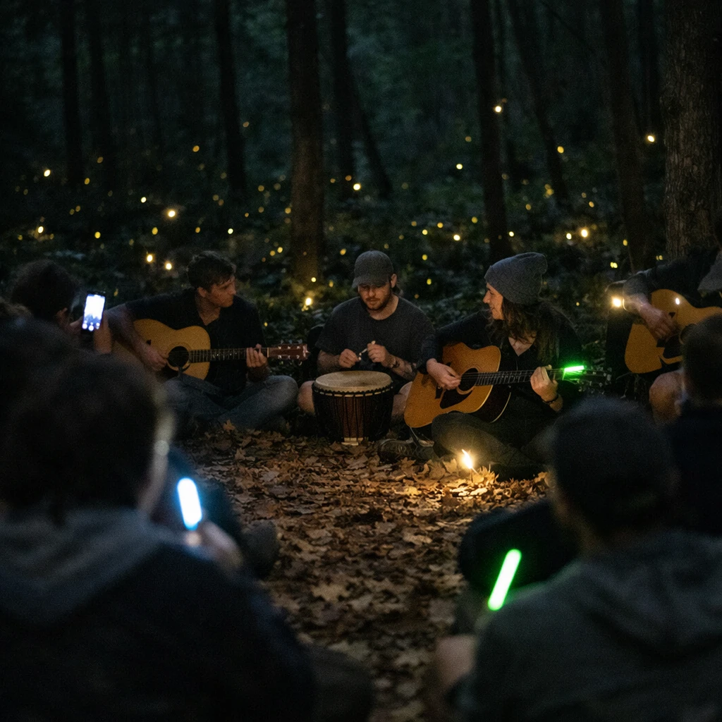夜の森で演奏する人々と、その周囲を飛び交うホタルの光が幻想的な雰囲気を作り出す様子の写真。