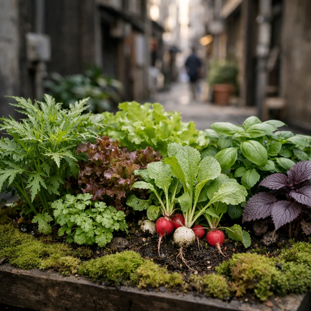 都市のビルの谷間に置かれたプランターの中で、苔や多様な葉物野菜、ハーブが密集して育つ様子を写した写真。