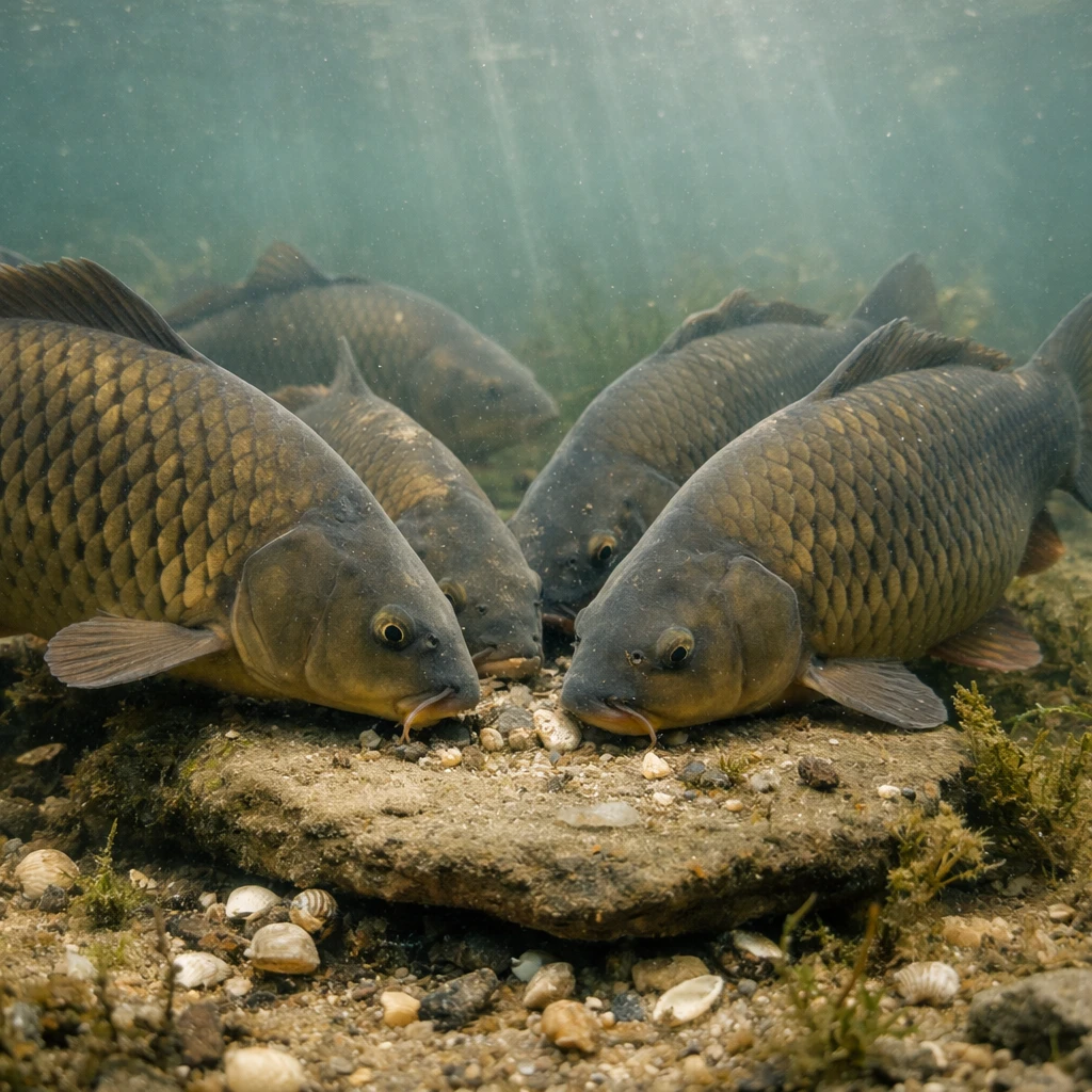 湖底の石の周囲で複数のコイが水草や貝を探している様子の水中写真。