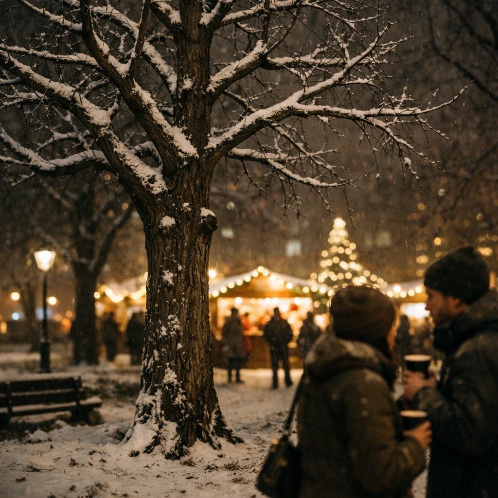 雪の積もった葉のないイチョウの木が夜の公園に立ち、遠くにクリスマスマーケットの明かりと人々のシルエットがぼんやり映っている写真。