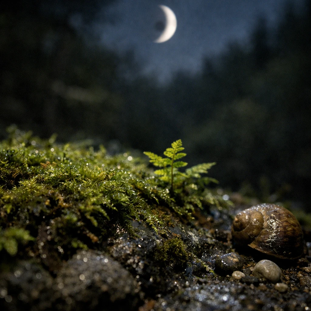 夜の森の中で、露に濡れた苔やシダが岩の上に生え、背景に月と黒点がぼんやりと見える写真。