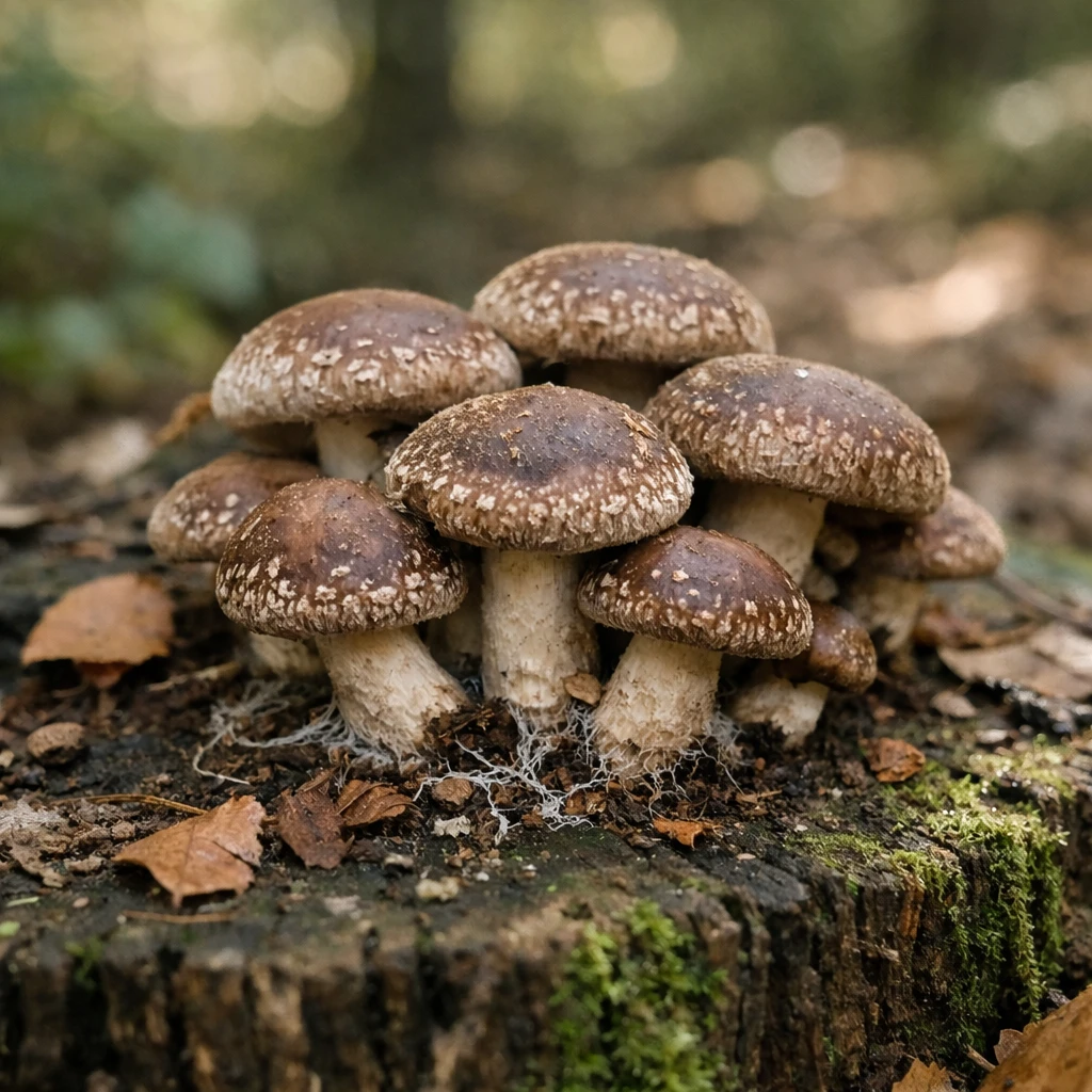 苔むした切り株の上で寄り添うように生える数本のシイタケと落ち葉、淡い木漏れ日の中の森の一角の写真。