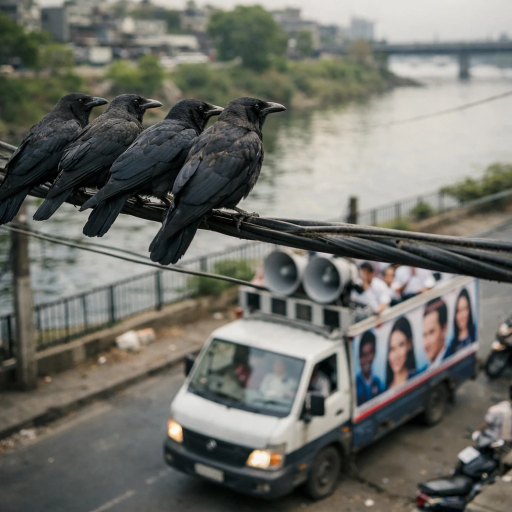 多摩川沿いの電線に集まったカラスたちが、通りを走る選挙カーとAI広告を鋭い視線で見下ろしている写真です。
