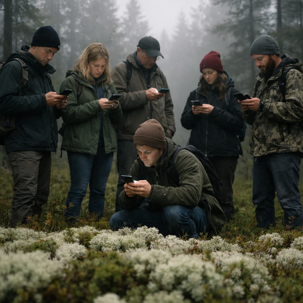 北国の苔むした森で複数の人々がスマートフォンを見つめている様子の実写写真。