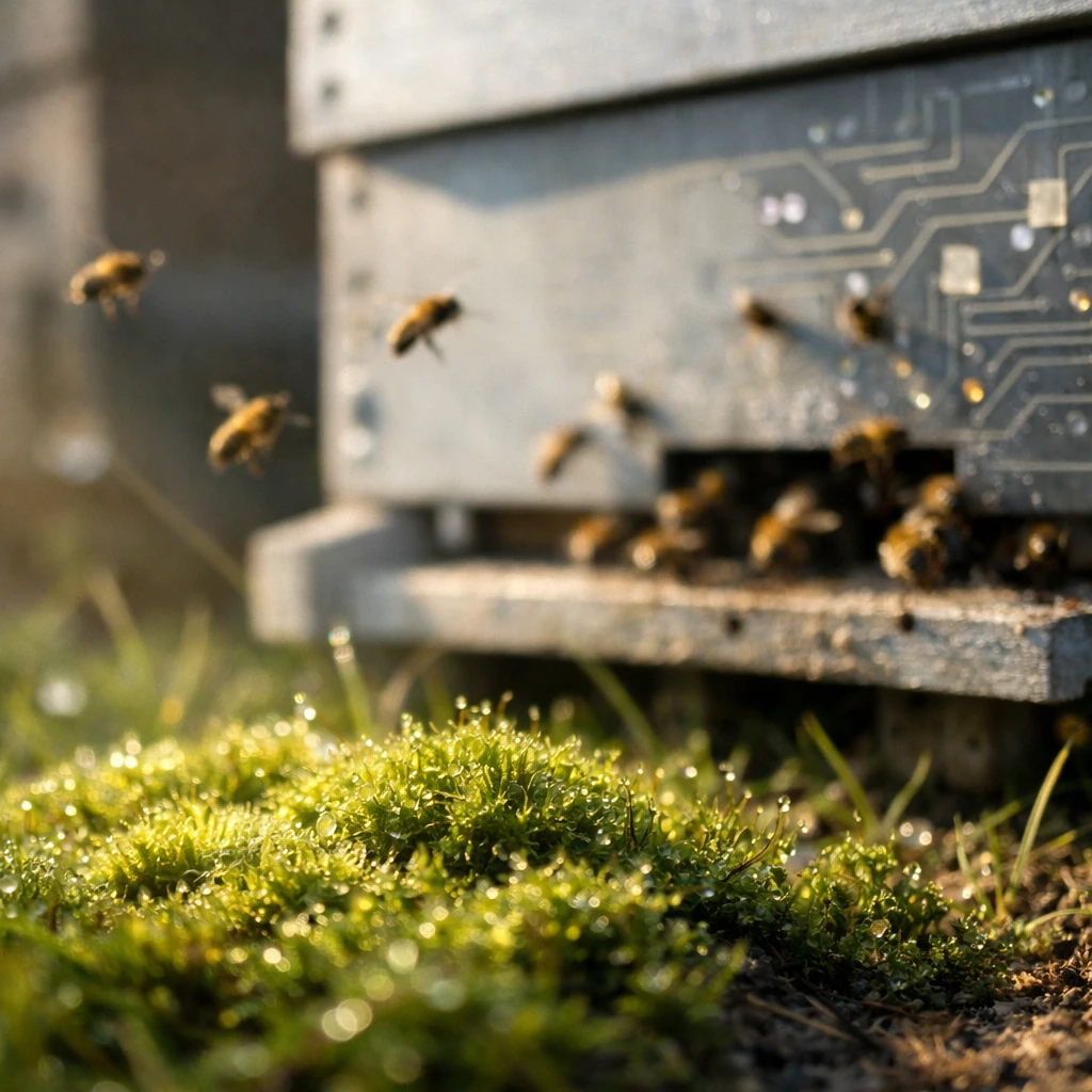 朝日の当たる苔床の奥に、蜂が飛び交う現代的なセンサー付き巣箱がぼんやりと見える光景。