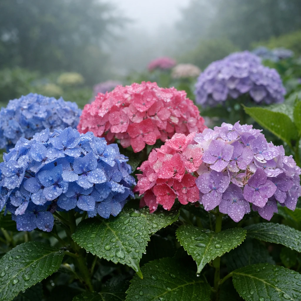 雨に濡れた紫陽花の花房が朝の曇り空の下で集まって咲いている写真。