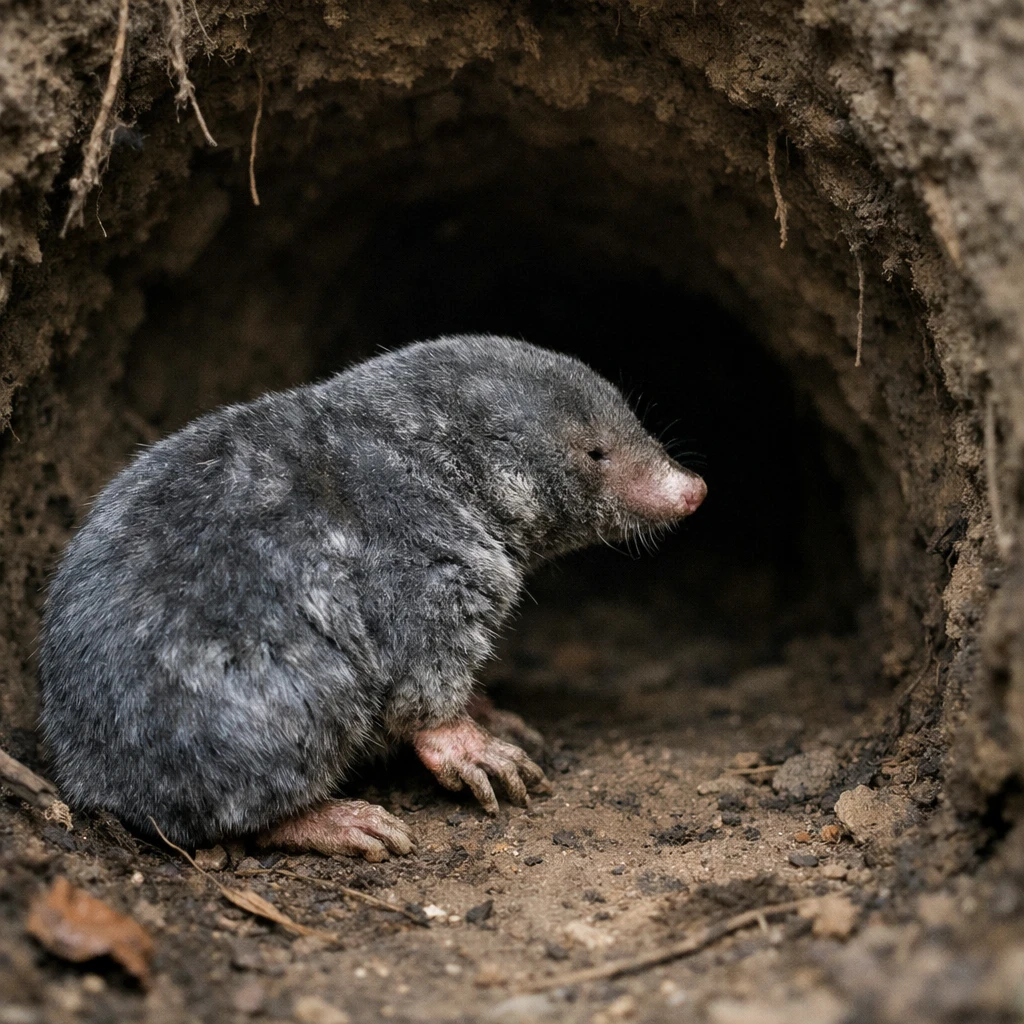 トンネルの入り口で静かに佇む年老いたモグラのリアルな写真。