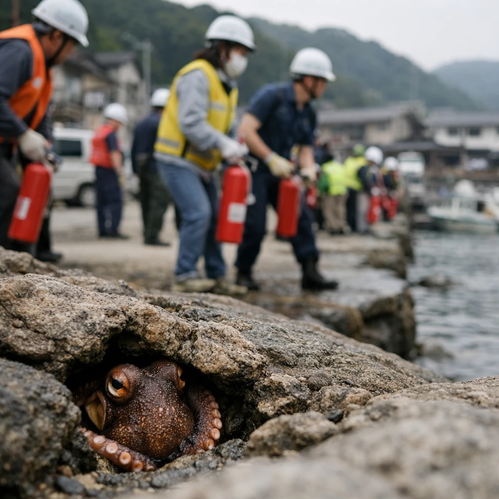 港の防災訓練中の人々と、岩場の隙間から様子をうかがうマダコの様子を写した写真。