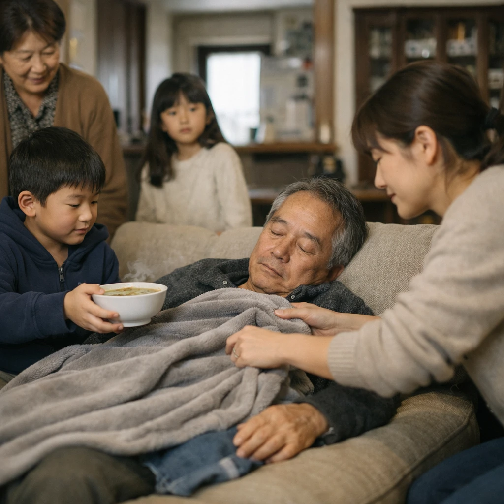 家族の一員がソファで横になり他の家族がブランケットやスープを運んでいる家庭のリビングの様子。