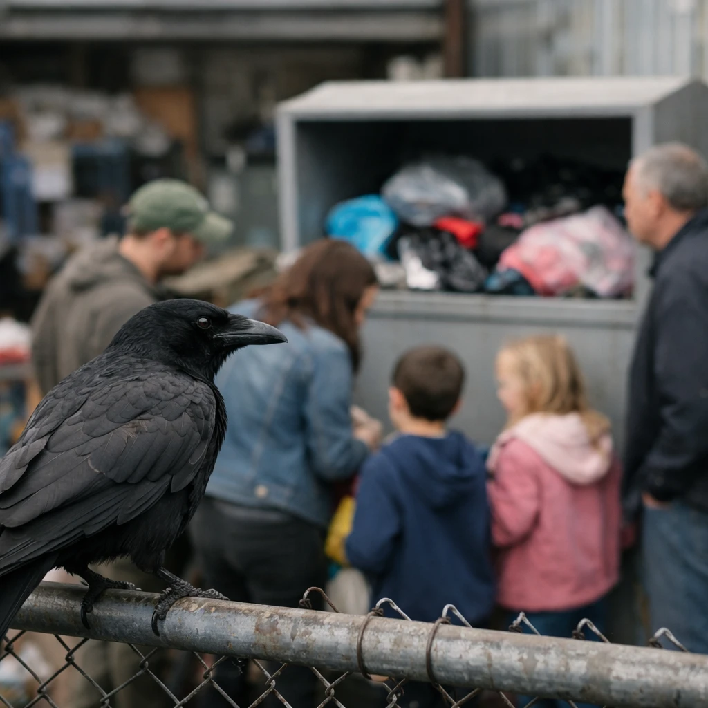 リサイクルショップの裏で、フェンスに止まるカラスが衣類回収ボックスの前で集まる親子連れを見つめている写真。