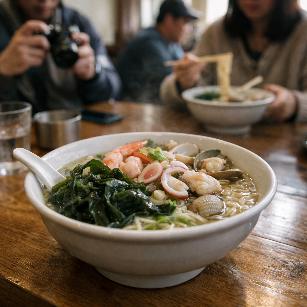 潮ラーメンに新鮮なワカメがのった丼が木のテーブルに置かれ、周囲で複数の人が楽しそうに写真を撮ったり食事している様子。
