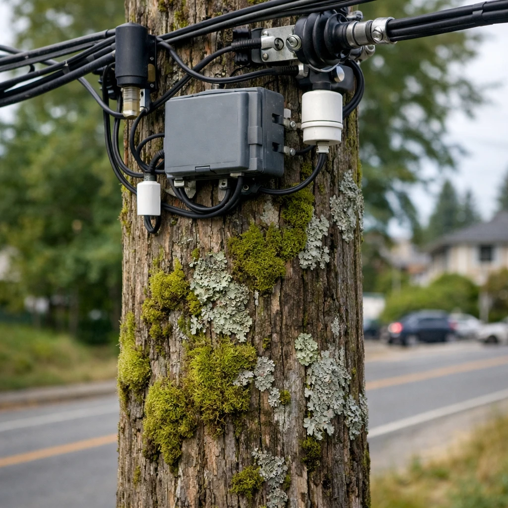 道路脇の電柱表面にコケや地衣類が生い茂り、その上部に配電線やセンサー、蓄電池が取り付けられている様子。